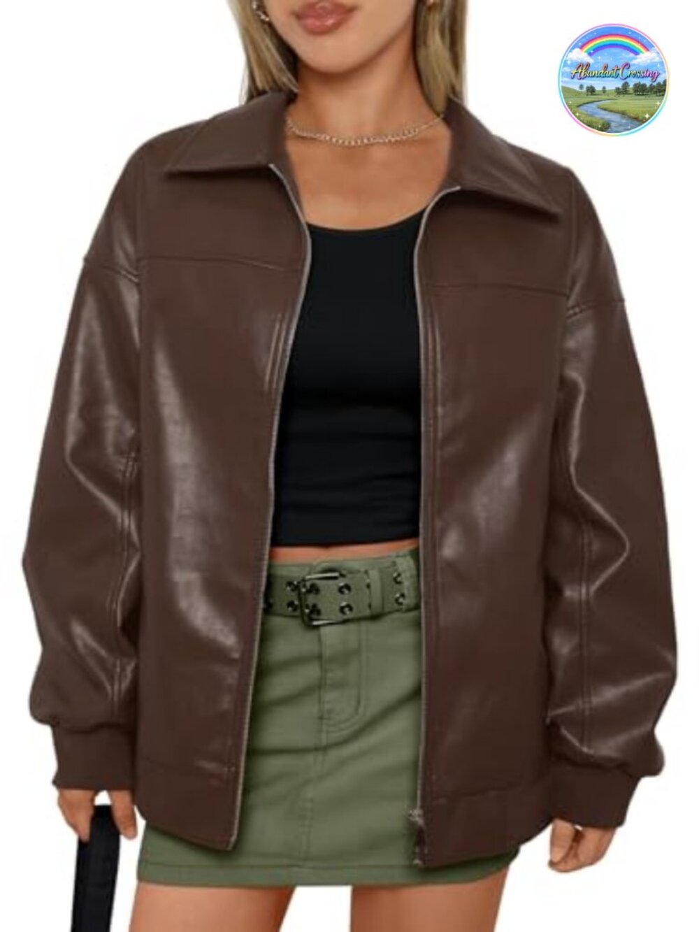 Women's Oversized Faux Leather Zip Up Bomber Jacket Long Sleeve